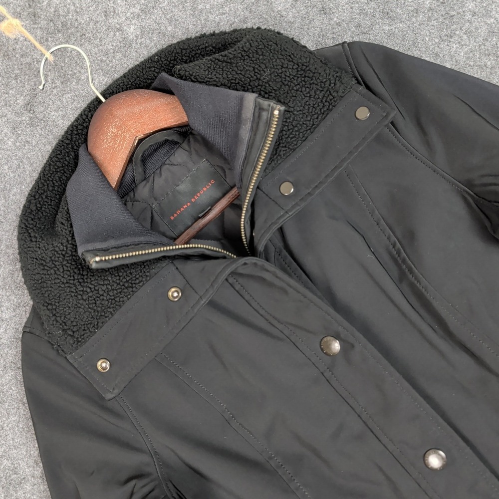 Banana Republic Womens XS Black Quilted Lined Sherpa Trim Utility Parka Jacket